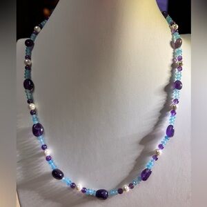 Handmade Amethyst Necklace adorned with Pearls and Blue Agate Beads 21 inches